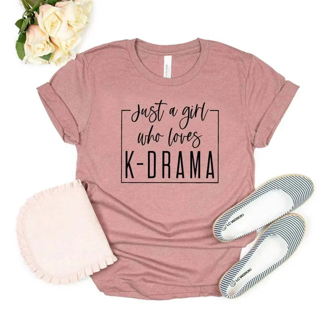 Kdrama lover t-shirt with "Just a girl who loves K-Drama" framed design.