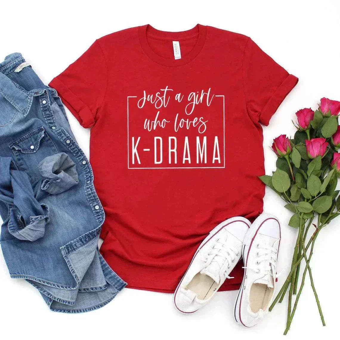 Red "Just a Girl Who Loves K-Drama" t-shirt for Kdrama fans, perfect for binge-watching.