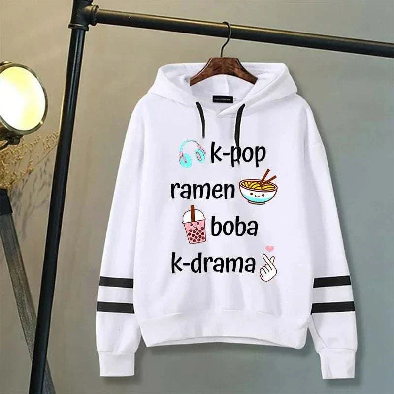 K-Drama hoodie with K-Pop, ramen, and boba graphics, soft fabric, conversation starter.