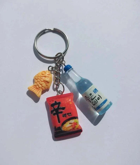 Korean inspired keychain with bungeo-ppang, ramen, and soju charms.