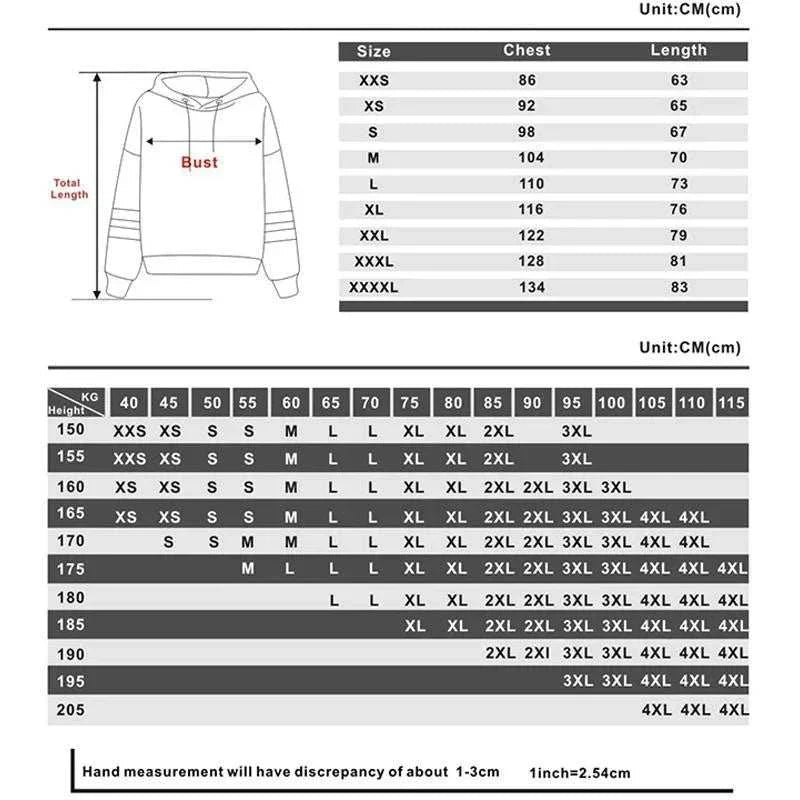 Size chart for K-Pop, Ramen, Boba, K-Drama Hoodie, showing chest and length measurements in centimeters for different sizes from XXS to XXXXL.