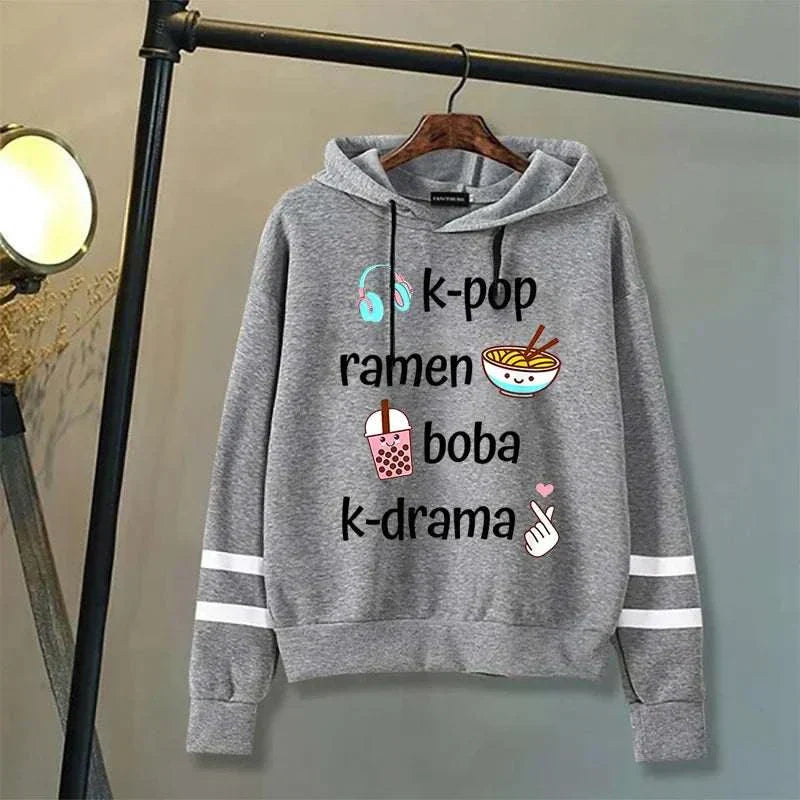 Gray hoodie with K-Pop, ramen, boba, and K-Drama graphics and text.