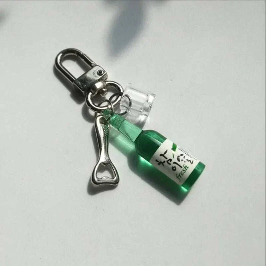 Korean Soju shot glass bottle opener keychain with resin Soju bottle and mini glass.