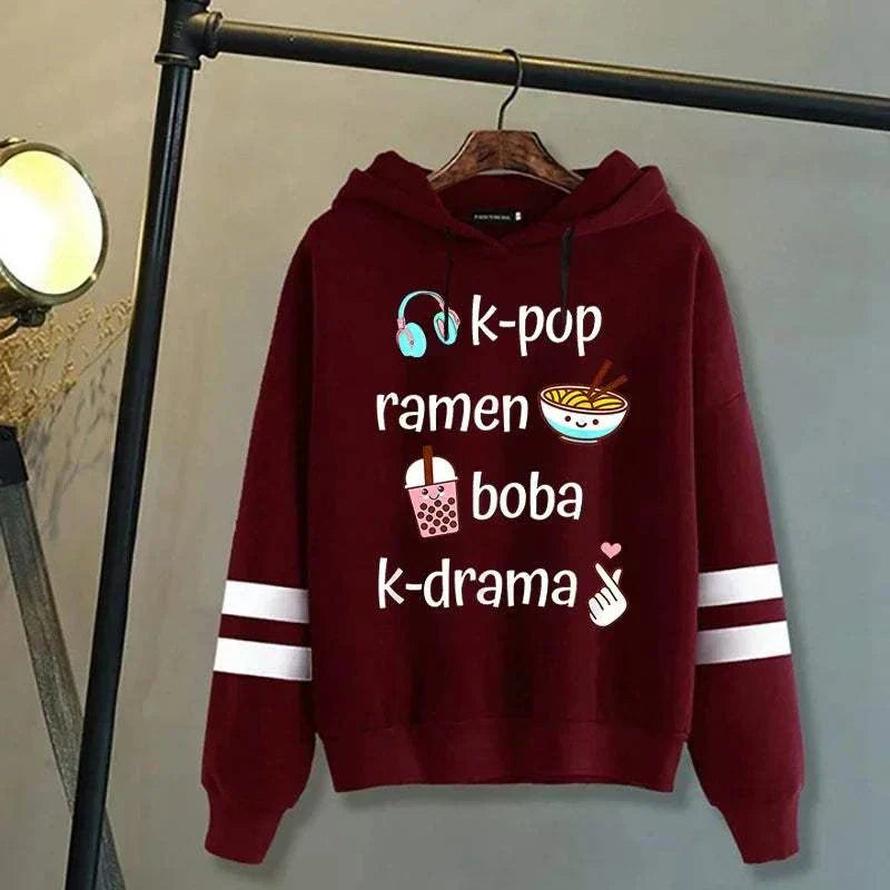 K-drama hoodie featuring K-pop, ramen, and boba graphics.