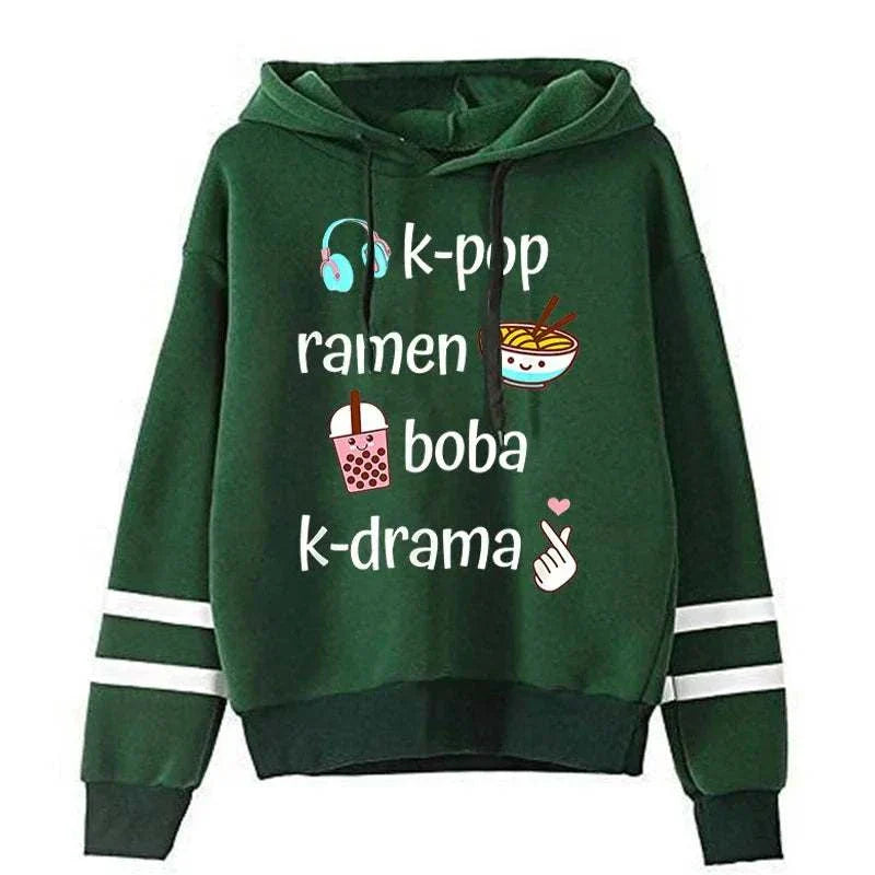 Green hoodie featuring K-pop, ramen, boba, and K-drama graphics; perfect for fans of Korean culture.