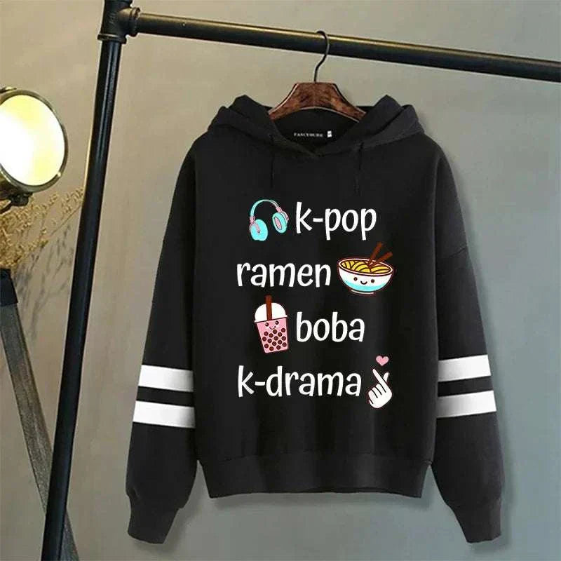 K-Pop Ramen Boba K-Drama Hoodie with fun graphics hanging on a rack.