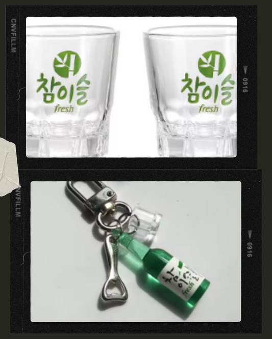 Soju bundle with shot glasses and keychain set.